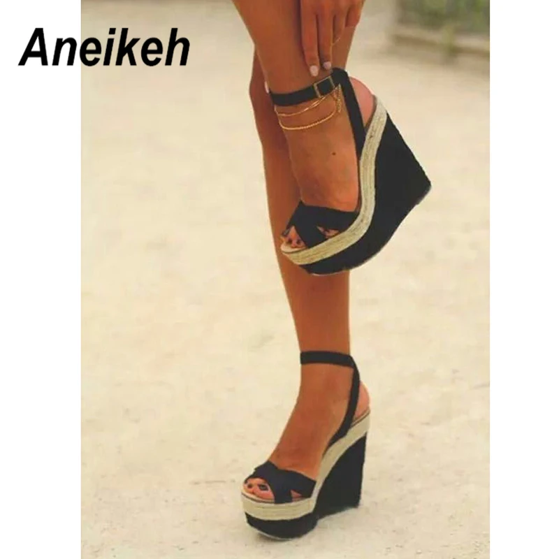 Aneikeh Summer Wedges High Heels Gladiator Buckle Strap 2024 Novelty Flock Women Sandals Shoe Dance Wedding Pumps Black 35-40