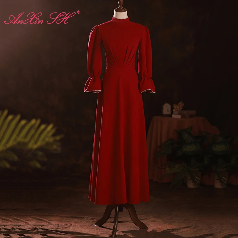 

AnXin SH princess wine red satin a line evening dress vintage high neck beading peals long flare sleeve bride evening dress
