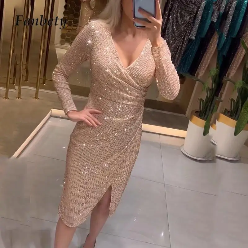 

Новое Осеннее женское платье с длинным рукавом, приталенное платье с разрезом, сексуальное однотонное блестящее женское элегантное платье с глубоким V-образным вырезом для вечеринки