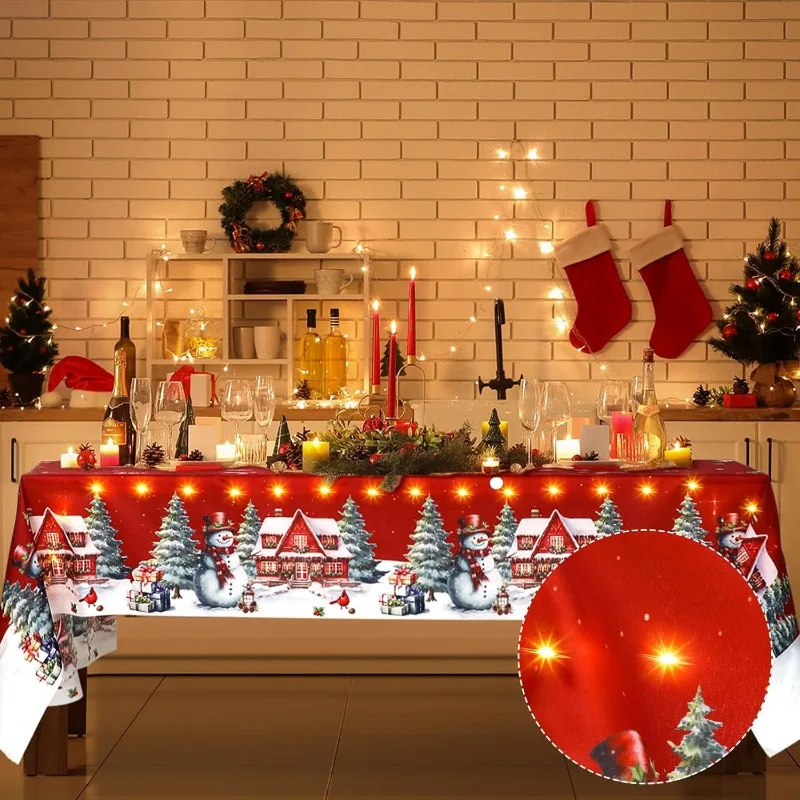 Christmas Tablecloth for Rectangular Table Red Printed Snowman Tree Snowflake Pattern Tablecloth for Holiday Party Decoration
