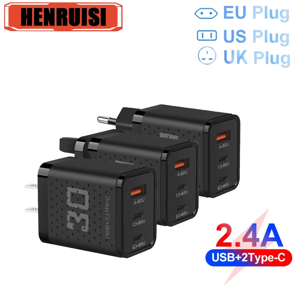 30W Dual PD USB Type C 3 Ports Super Fast Charging QC 3.0 EU/US/UK Plug Mobile Phone Adapter For iPhone 15 Xiaomi Samsung Huawei