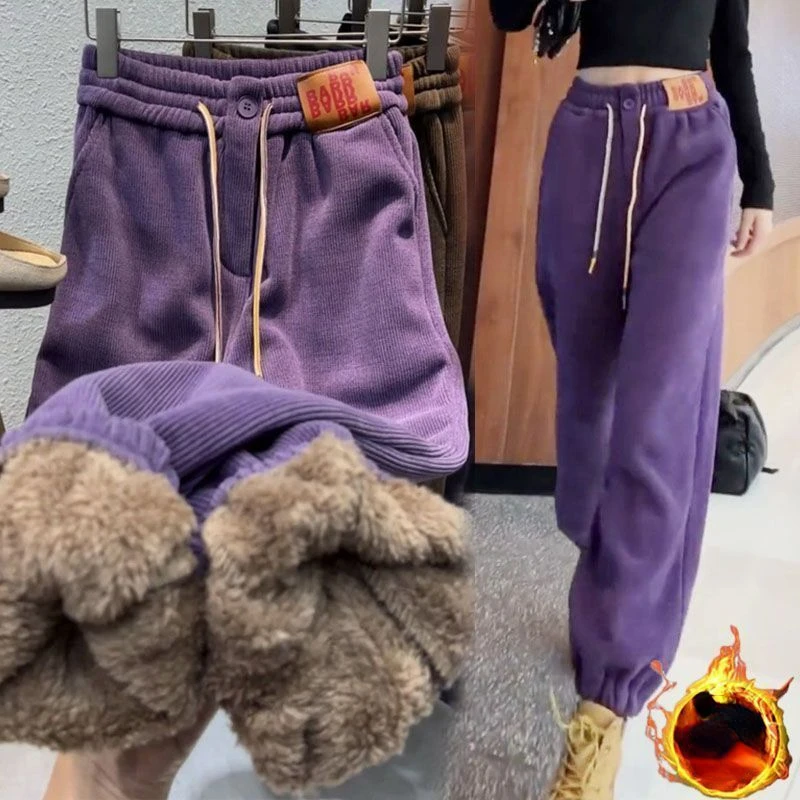 

2023Winter Lambwool Lined Sweatpants Women Casual Thicken Warm Jogger Harem Pants Plush Velvet High Waist Pantalones Spodnie