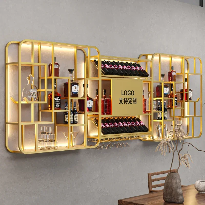 Chinese Style Ironwork Bar Cabinet Wall Mounted Shelving Fashion Creative Wine Rack Display Restaurant Kast Gold Furniture