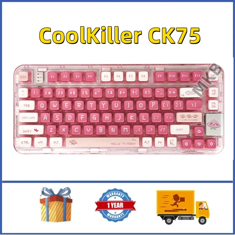 

CoolKiller CK75 Hot-Swap Bluetooth 2.4G Wireless RGB Peach Pink Transparent Pink Gasket Gaming Mechanical Keyboard RGB Backlight