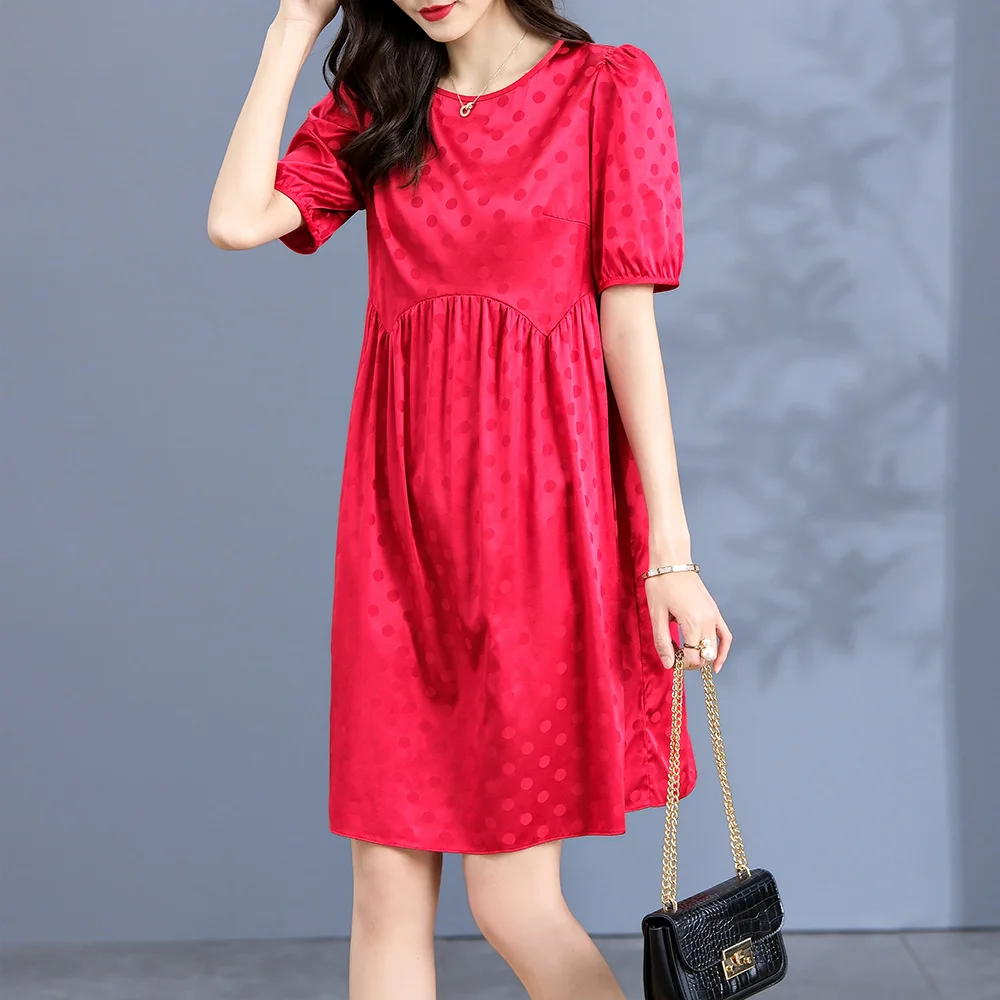 

Birdsky, 1PC Women mini loose dress wave waist short sleeve A line 97% real mulberry silk 3% spandex polka dot jacquard, S-691