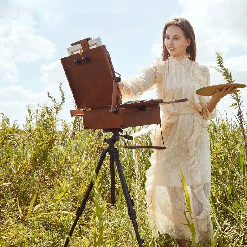 

Wooden oil painting sketching easel oil painting box portable desktop lifting outdoor art folding multi-functional style art
