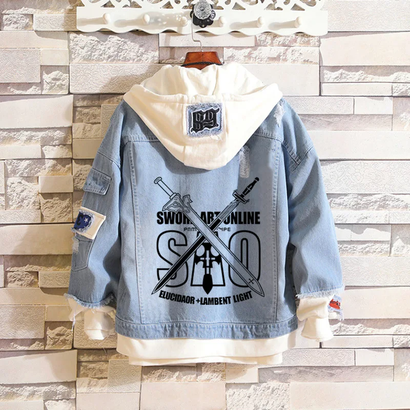 

Anime SAO Sword Art Online Jeans Jacket Cosplay Denim Hooded Sweatshirt Outwear Coat
