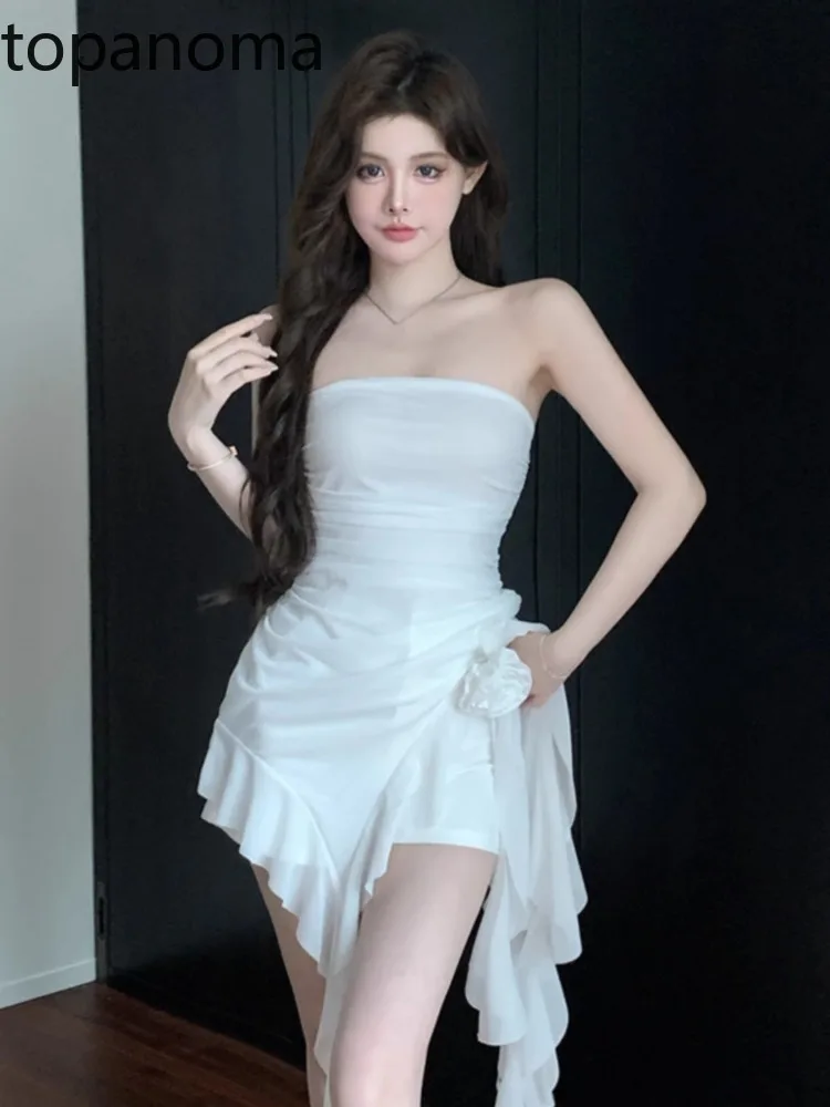 

Topanoma милые сексуальные вечерние платья для женщин без бретелек с цветами ленты тонкие нестандартные оборки коктейльное платье на день рождения с открытой спиной