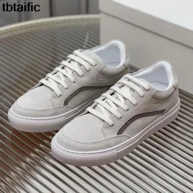 

New Suede casual flat shoes for women beaded running shoes lace-up round toe outdoor casual sports shoes for women 2024