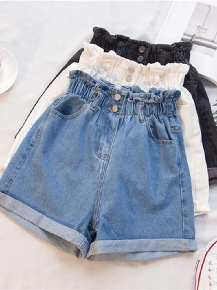 Fashion Elastic High Waisted Denim Shorts Black Women's S-5XL Classic Contrast Color Pleated Harlem Style Women's Short Jeans