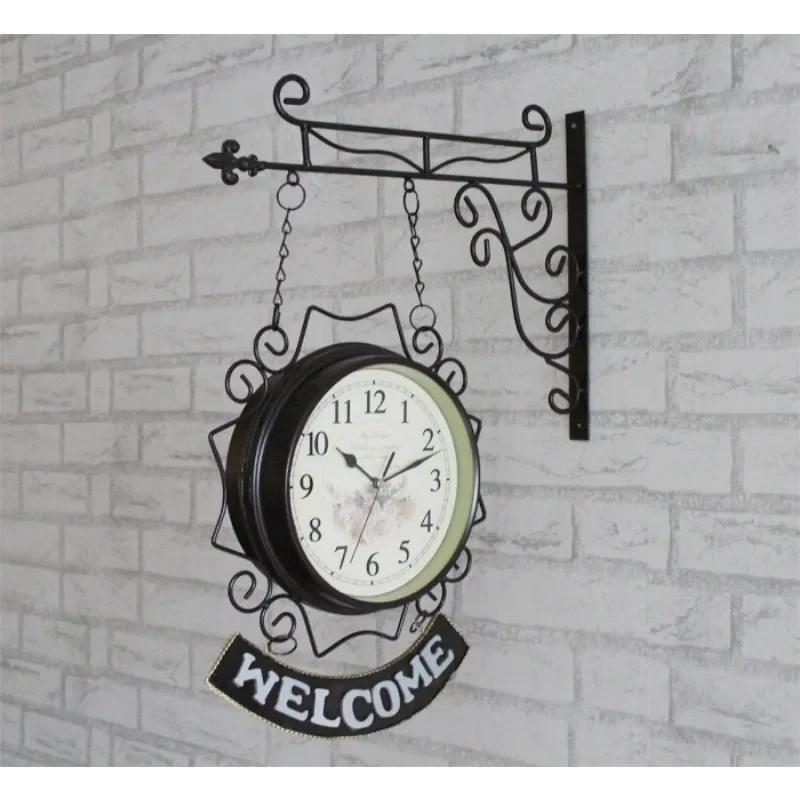 

Mediterranean Style Wrought Iron Double-sided Wall Clock Welcome Mute Home Decoration Clock Pendant Clocks