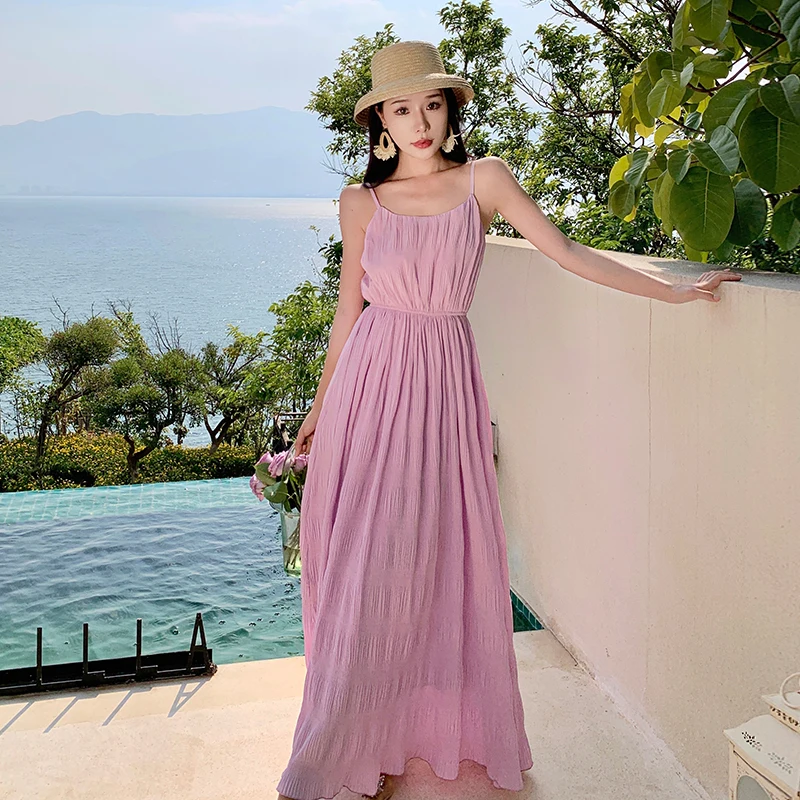 

Womens Temperament Sling Dress Holiday Sexy Slim Solid Folds Long Vestidos Summer O Neck Backless Sleeveless Dinner Dresses Q045