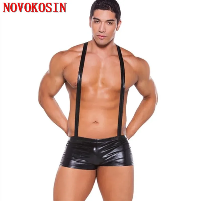 Men Underwear Sexy Lingerie M-2XL Plus Size Shinny Faux Leather Lingerie Bondage Gloss Overall Sexy Men Gay Underwear Bandage Homme Suspender Boxers Shorts