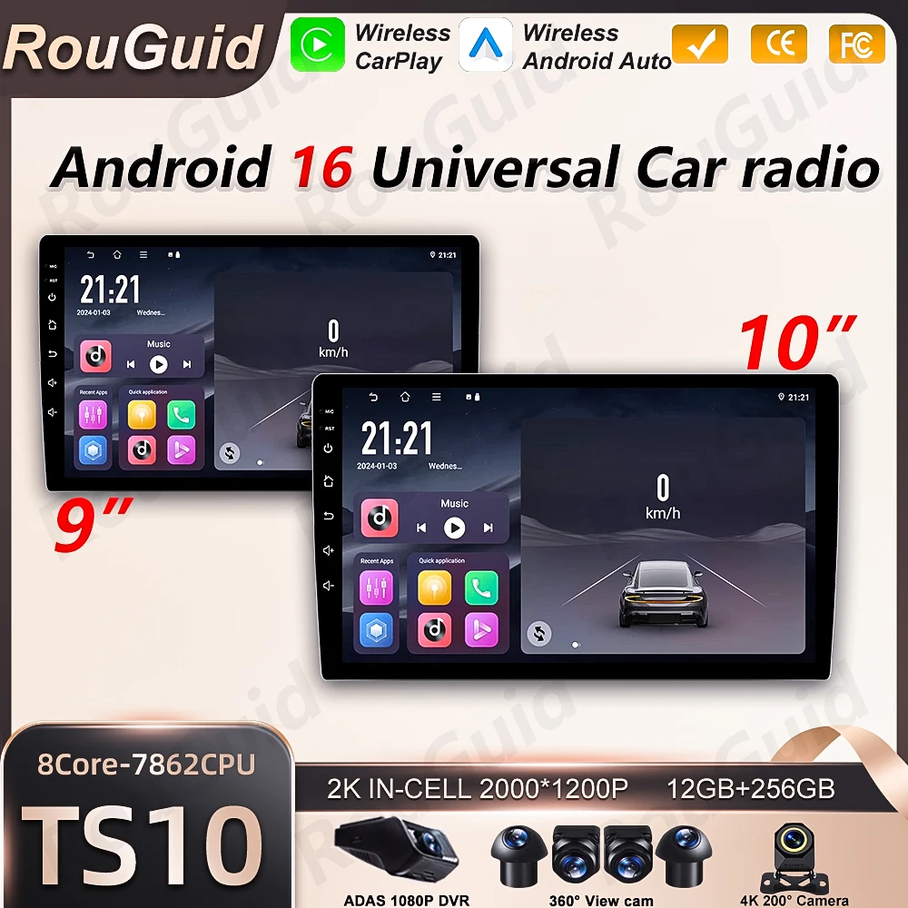 Radio para Auto Android 16 Universal de 9/10 Pulgadas, CarPlay, Android Auto, GPS, Reproductor Multimedia 2 DIN, WiFi, Pantalla QLED, Bluetooth 1