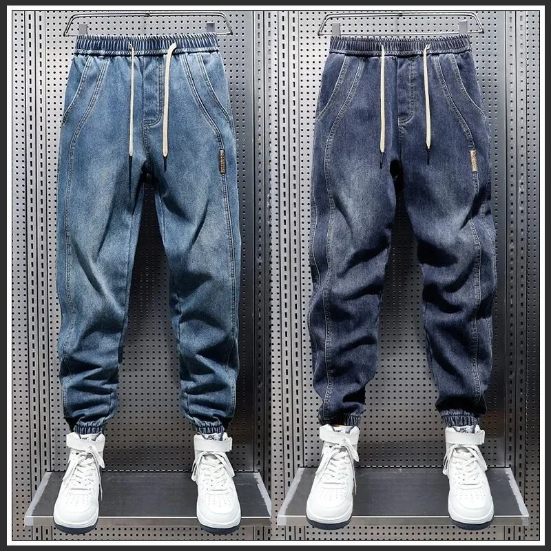 Men's Premium Feel Trendy Brand Elastic Waist Jeans Spring Autumn New Casual Cuffed Nine Sports Pants Loose Fit Casual Jeans