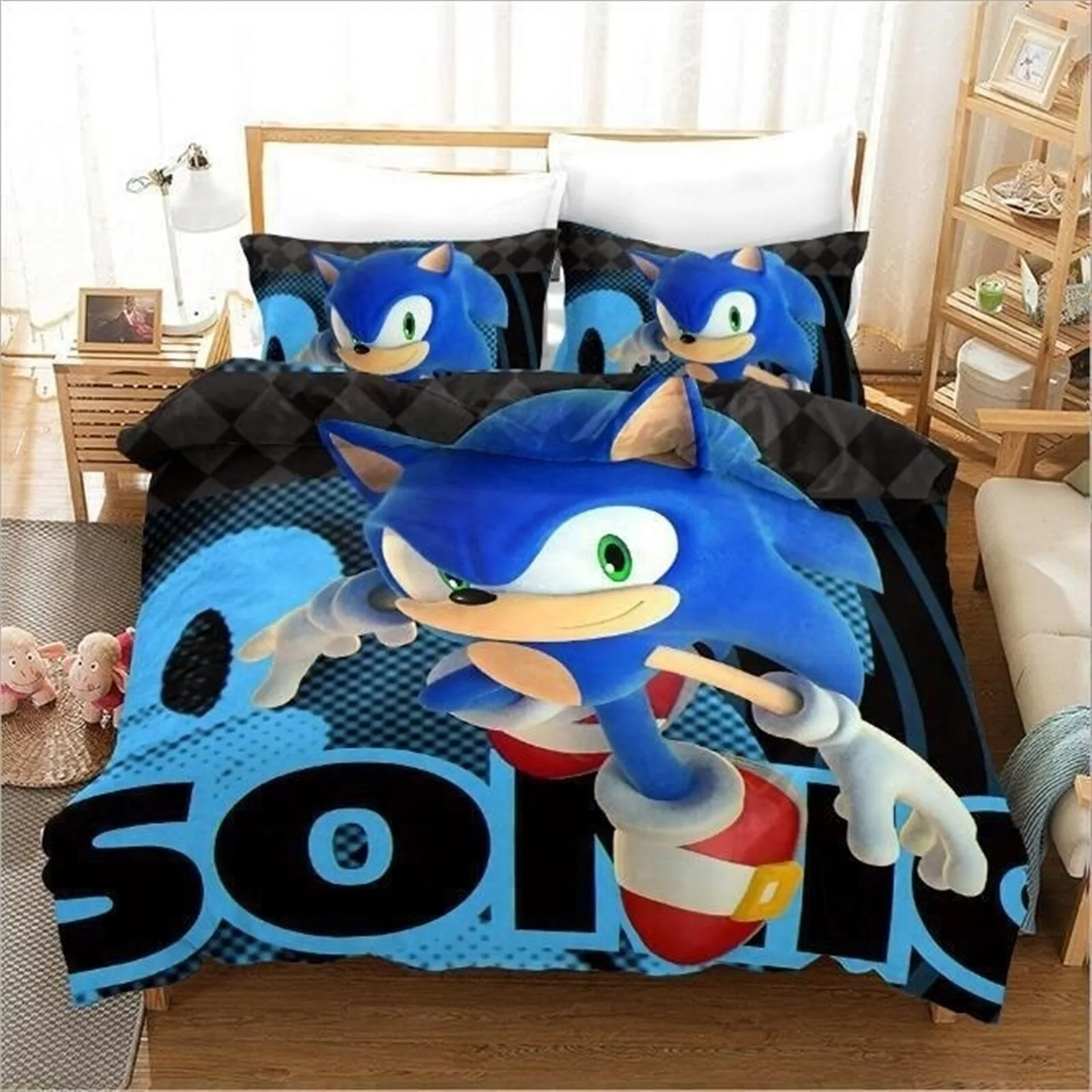 thumbnail image 1 of Funda de edredón de Sonic The Hedgehog con estampado de dibujos animados de anime, 100 % poliéster, tamaño doble, varios tamaños, regalo para niños, 1 of 5
