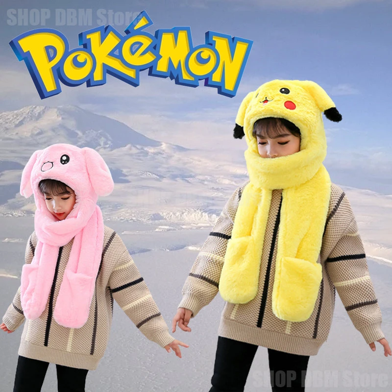 Anime Pokemon Pikachu, bufanda gruesa con capucha de felpa para niños, guantes bonitos otoño e invierno, bufandas para niños niñas, Orejas de conejo se moverán| | - AliExpress