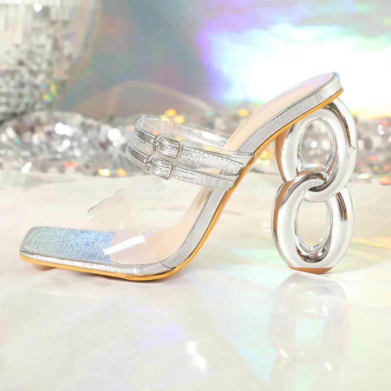 Sexy temperament open-toed women's slippers gold shape with fashionable high-heeled sandals, party nightclub shoes women