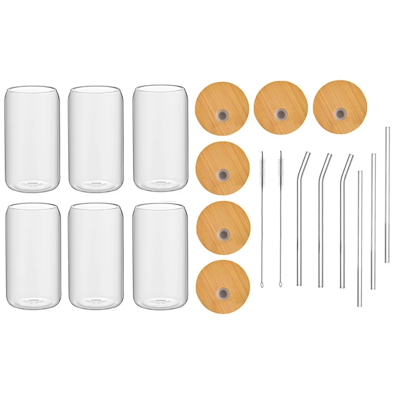 

6Piece Set Drinking Glasses 16Oz Clear Iced Coffee Cup With 6 Bamboo Lids And 6 Glass Straws