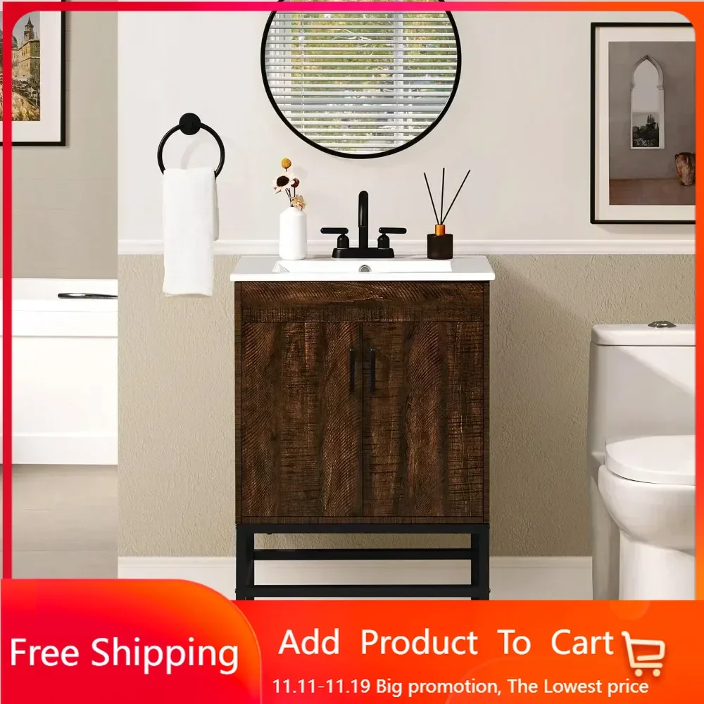Bathroom Vanity with Sink, Vintage Bathroom Sink Cabinet with 2 Doors, Sink Combo Set for Bathroom, Dark Brown