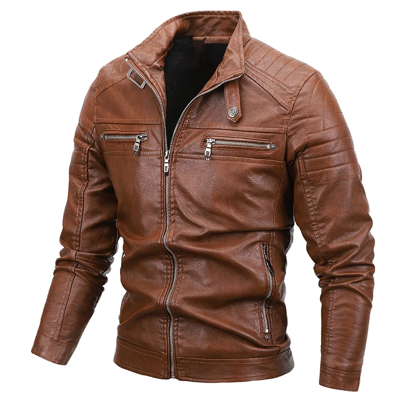 

JG-6696 Men's Motorcycle Leather Street Motorcycle Clothing PU Leather Jacket Plus Velvet Plus Size Male Jacket