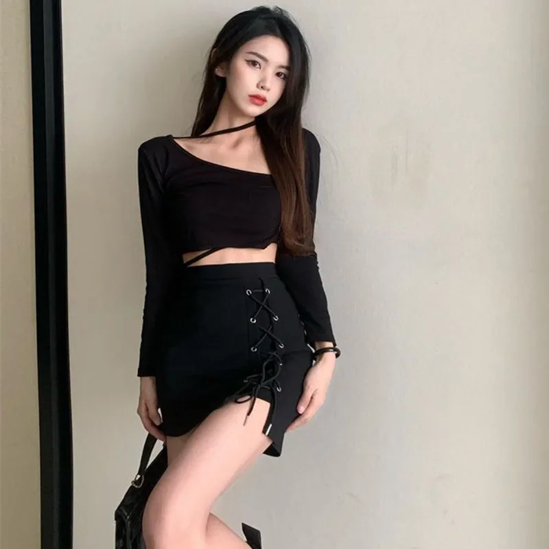 Xpqbb Gothic High Waist Black Mini Skirts Women Sexy Tight Bandage Bag Hip Short Skirt Woman Korean Slim Fit Zipper A Line Skirt 6