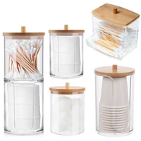Acrylic Storage Box Bathroom Jar Makeup Organizer Cotton Round Pad Holder Cotton Swab Box Qtip Holder Dispenser with Bamboo Lid 1