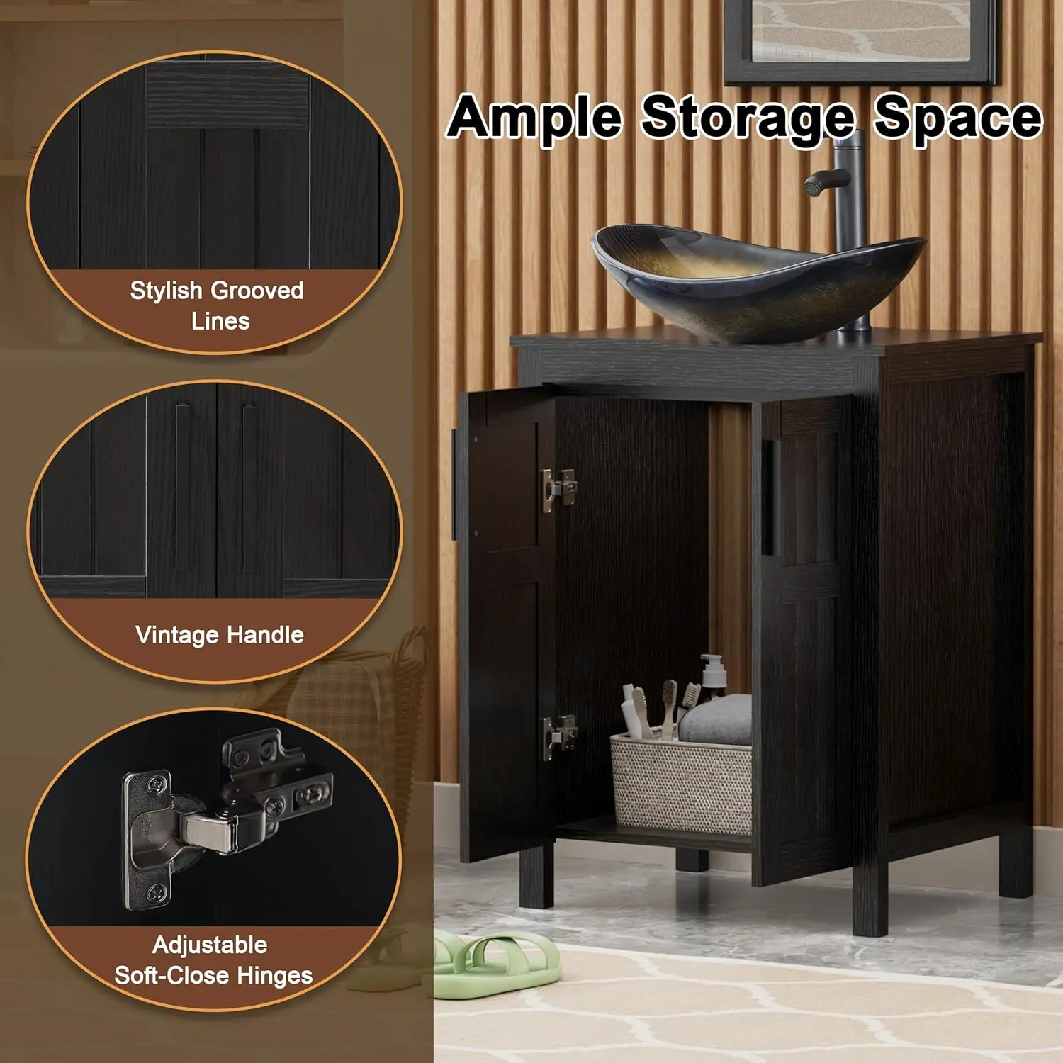 Black 24" Bathroom Vanity with Sink Combo,Modern Freestanding Sink Cabinet,Stylish Bathroom Vanity Cabinet,Grooved Double Doors 4