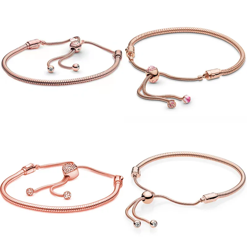 

Original Rose Gold Castle peach blossom Pave Heart Snake Chain Bracelet Fit Fashion 925 Sterling Silver Bead Charm DIY Jewelry