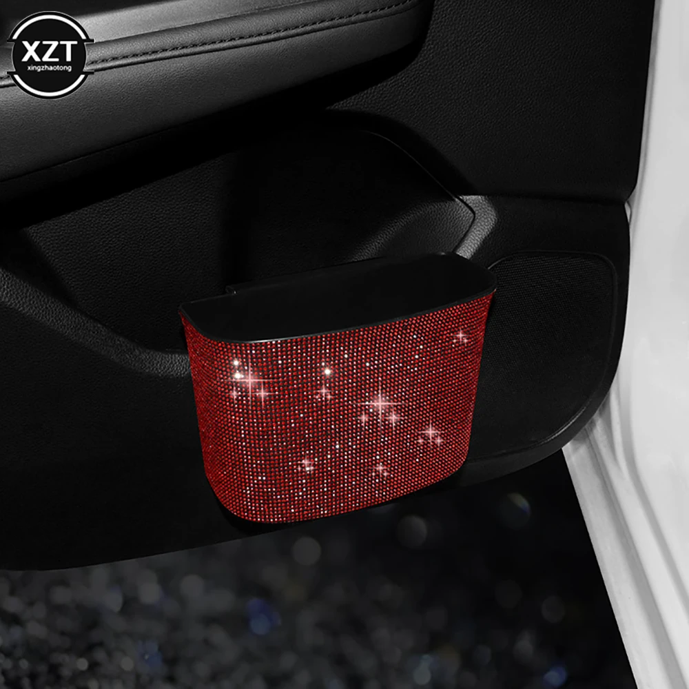 Car Trash Can Diamond Crystal Organizer Bin with Lid Leakproof Mini Vehicle Trash Bin Glitter Garbage Car Hanging Accessories car storage bag car trash can car trash bag