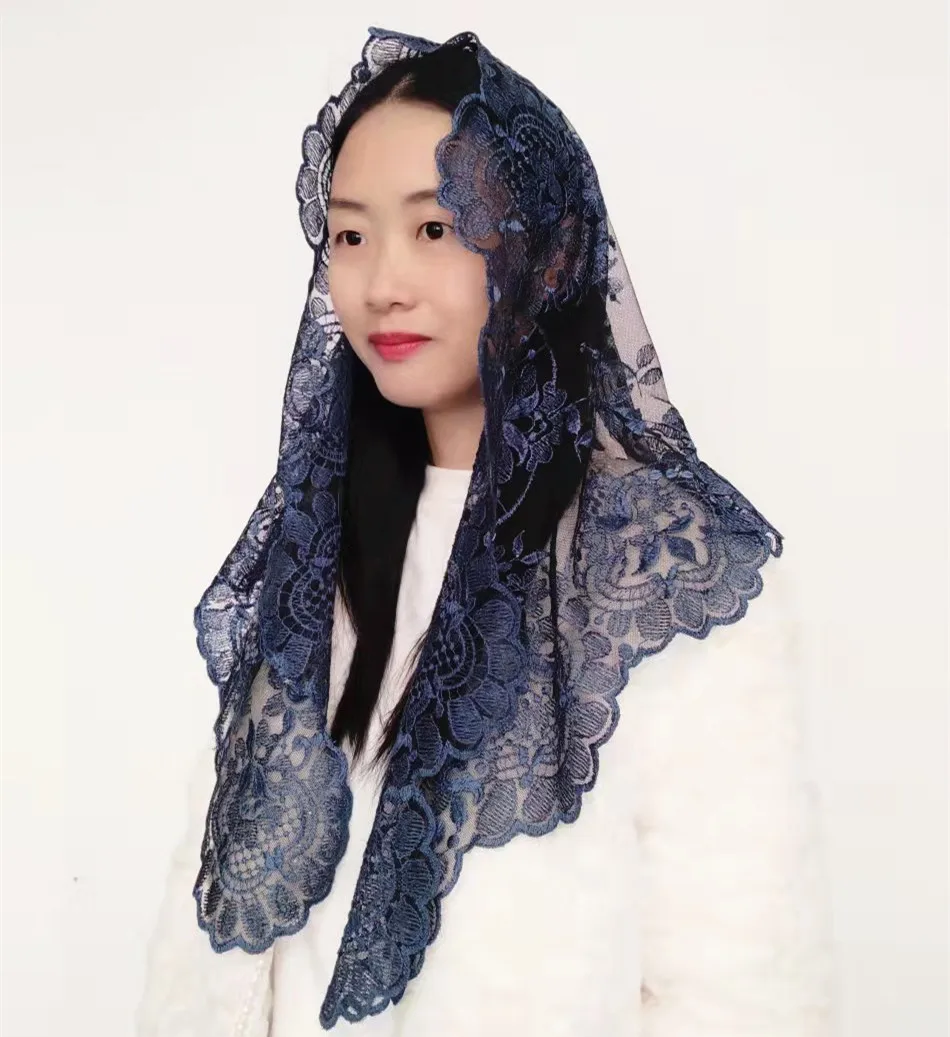 

Blue Embroidery Lace Mantilla Church Catholic Veil Chapel Scarf Shawl