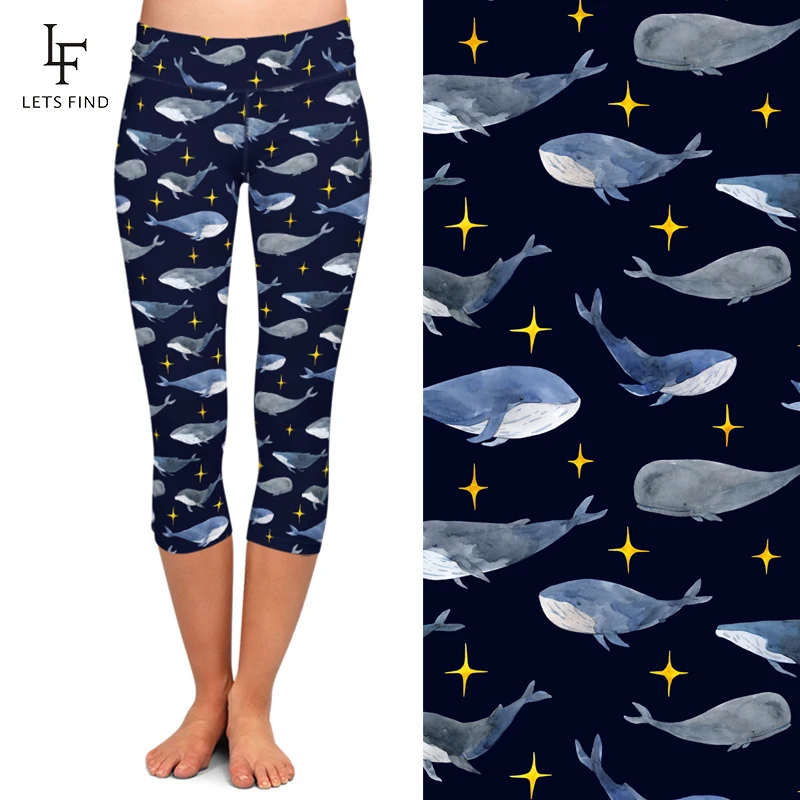 LETSFIND Fashion Women Capri Leggings Dolphins Digital Printing Fitness Legging High Waist  Elastic Pants Hot Sale