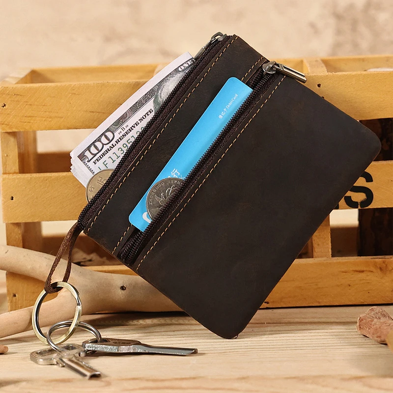 Vintage Crazy Horse Leather Men Coin Purse Genuine Leather Zipper Coin Wallet Retro Key Holder Small Money Bag Clutch Bag Short coin purse coin wallet change bag