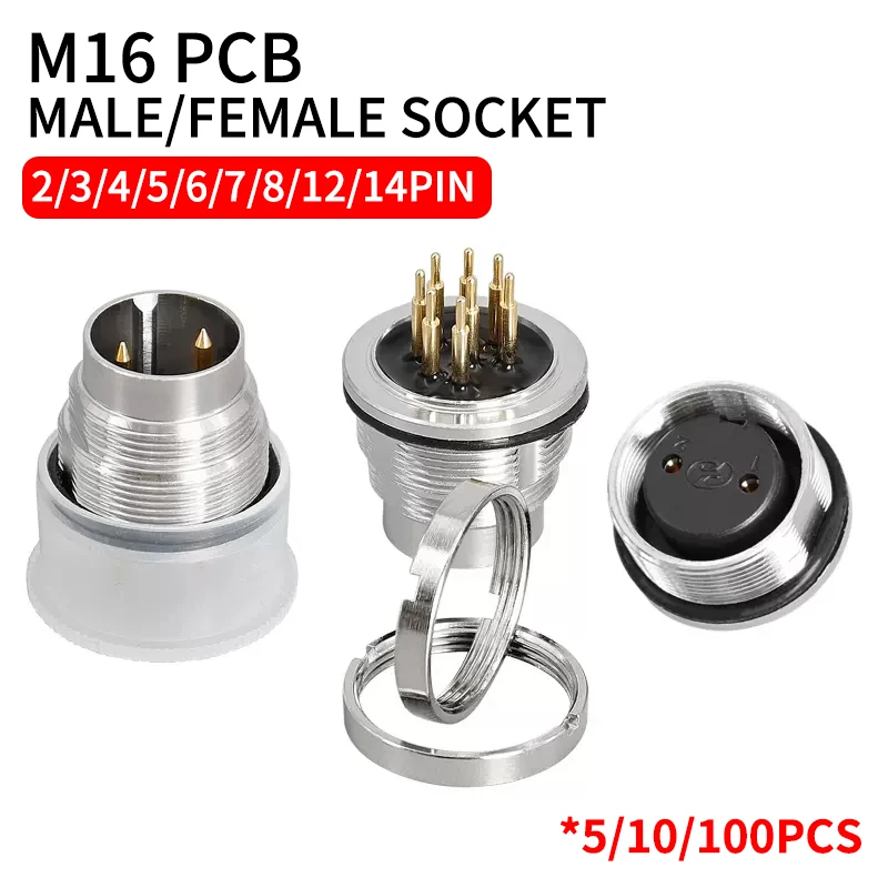 

5/10/100sets M16 male/female curved straight jack socket 3 4 5 6 7 8 12 14pin IP67/68 waterproof PCB panel connector size 18mm