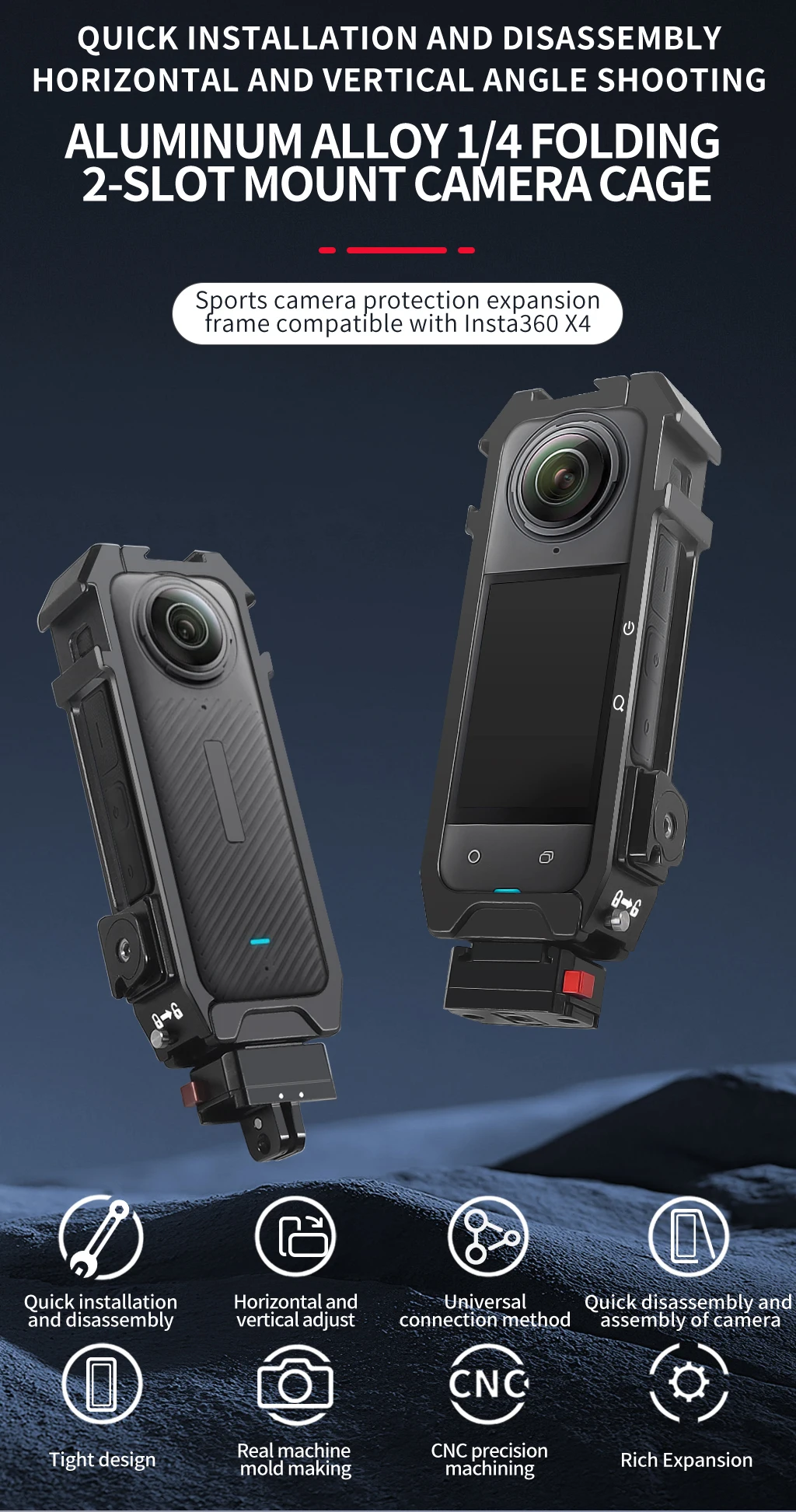 Für Insta360 X4 Aluminium Schutz Käfig Schnell Installieren Kalten Schuh Montieren 1/4 Faltbare Adapter Radfahren Action Kamera Stativ Halter – Detail 1