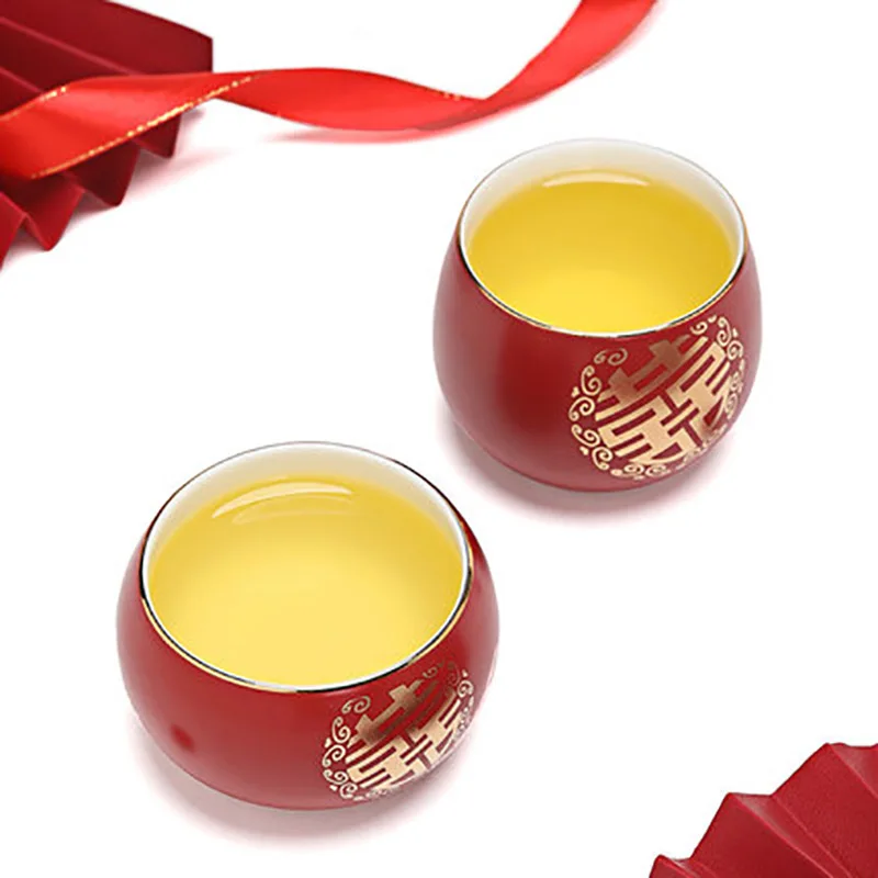 Chinese Red Wedding Ceramic Teacup Tea bowl Double Happiness Porcelain Coffee mugs Wine Cups Drinkware Supplies