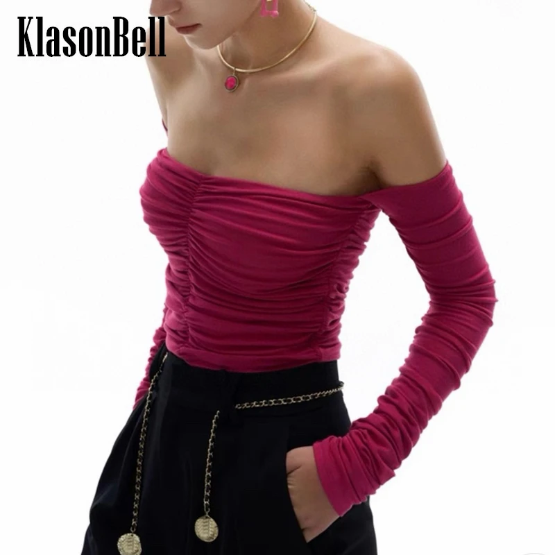 

3.18 KlasonBell Temperament Sexy Off-Shoulder Ruched Short Top Women Fashion All-matches Slash-neck Long Sleeve Slim T-Shirt