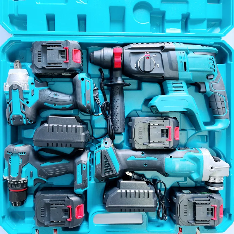 YyhcTool Box[Four-piece Set] Makita Rechargeable Lithium Battery Electric Hammer Angle Grinder Cutting Machine Electric Drill El 2