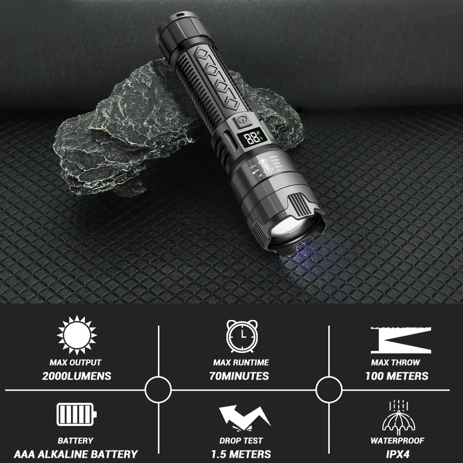 Description Picture 5 of itemHigh Strong Power Led Flashlights 2000LM Tactical Torch with Display Light USB Charging Camping Fishing Emergency Zoom Lantern