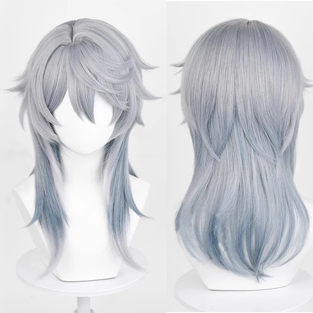 Honkai Star Rail Sunday Wig Short Synthetic Straight Ombre Grey Blue Fluffy Game Cosplay Hair Heat Resistant Wig for Party