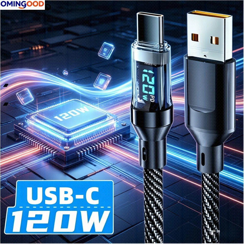 새로운 120W 초고속 충전 케이블 실시간 디지털 디스플레이 USB A to Type C 데이터 케이블 아이폰 안드로이드 폰 범용
