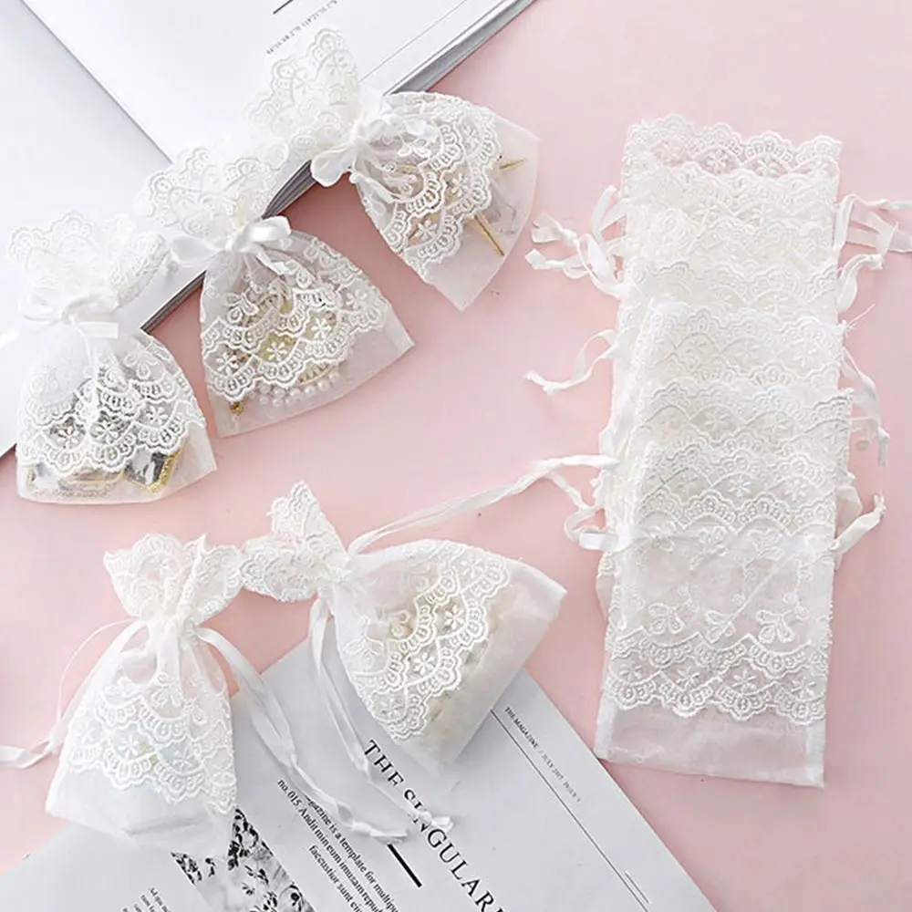 White Gauze Gift Bag with Lace for Festival Favor and Storage