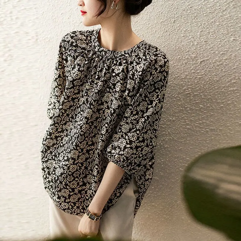 

Vintage Printed O-Neck Shirring Asymmetrical Floral Blouse Women's Clothing 2023 Summer New Casual Pullovers Commuter Shirt