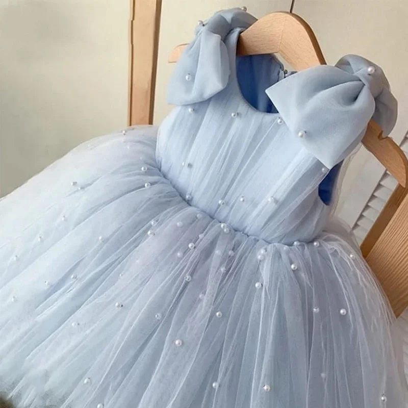 

Baby Girl Princess Pearl Dress Bow Sleeveless Infant Toddler Girl Vintage Vestido Party Pageant Birthday Baby Clothes 1-12Y