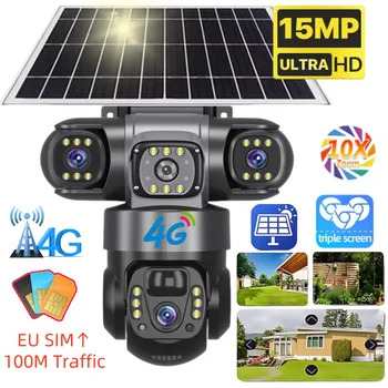 Solar Camera With 4G SIM 15MP HD Outdoor 3 Lens 3 Screen 10X Zoom PIR Human Detect Cameras Night Vision CCTV Security Protection 1