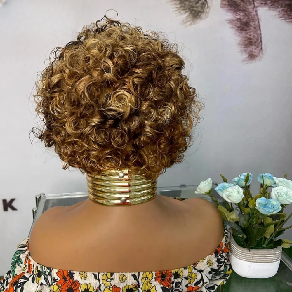 Highlight Short Pixie Cut Wig Transparent Lace Frontal Wig Short Curly Human Hair Wigs For Black Women Deep Wave Lace Front