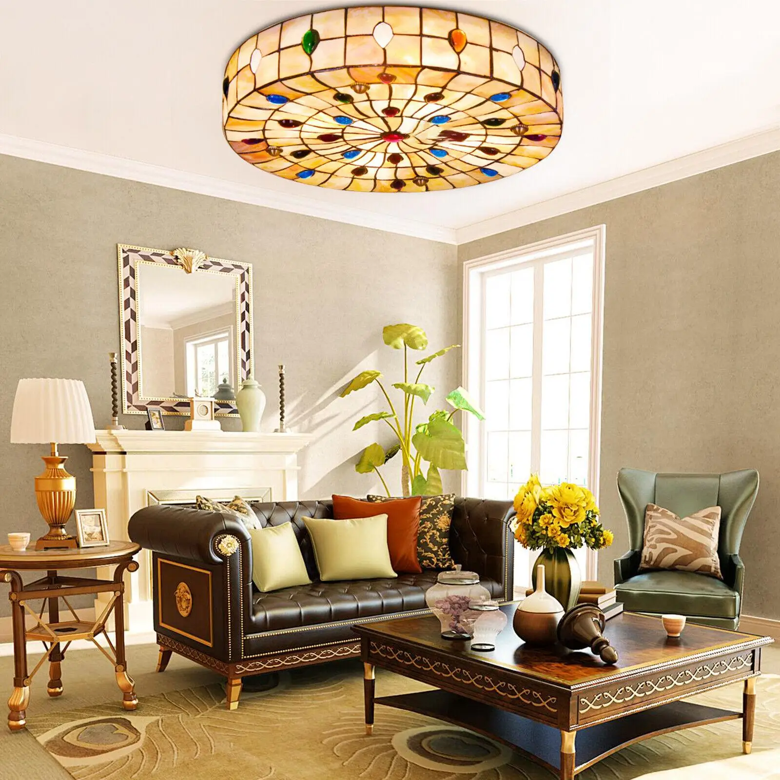

Indoor Modern Tiffany Flush Mount Ceiling Light Drum Shade 110-220V E26 18 Inch