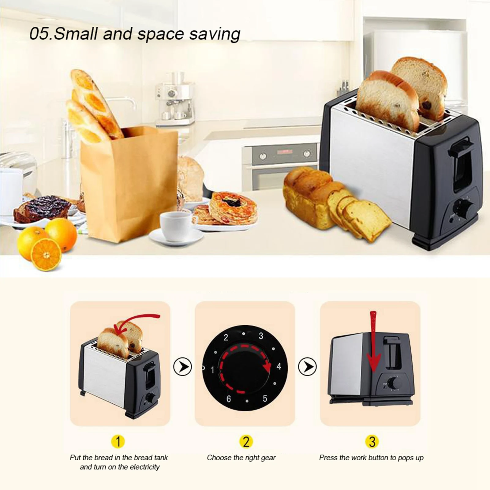 2 Slices Automatic Fast Heating Bread Toaster Home Breakfast Maker Machine Stainless Steel Toaster Oven Baking Cooking EU Plug