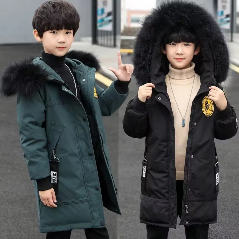 

2023 New Winter Boys Jacket Solid Color Long Style Keep Warm Cold Protection Hooded Down Cotton Windbreaker Coats For 4-14 Years