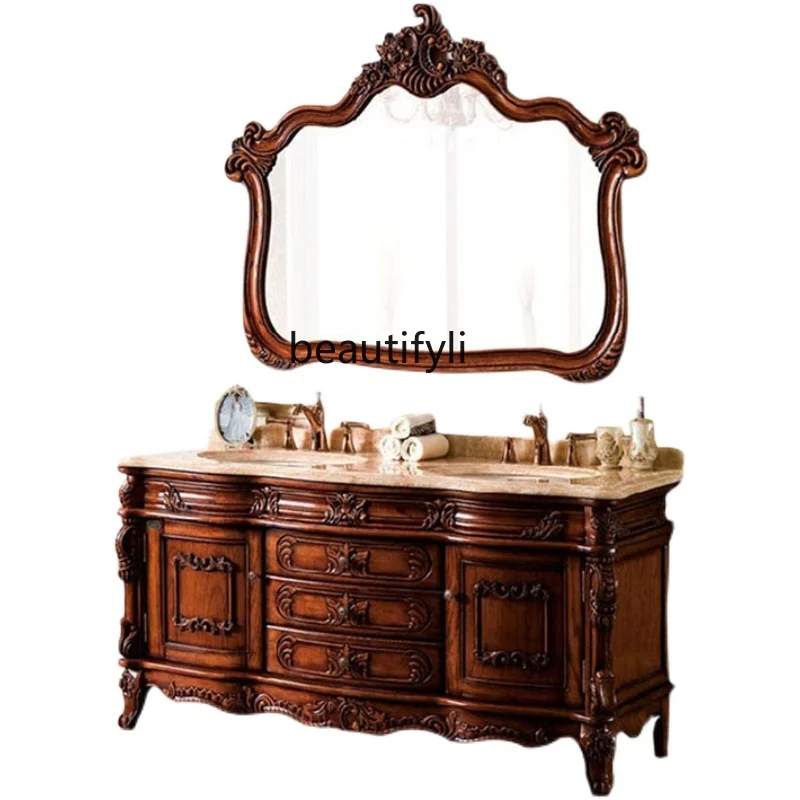 

Antique European-Style Bathroom Cabinet Red Oak Solid Wood Double Basin Marble Hand Washing Bathroom Cabinet Combination